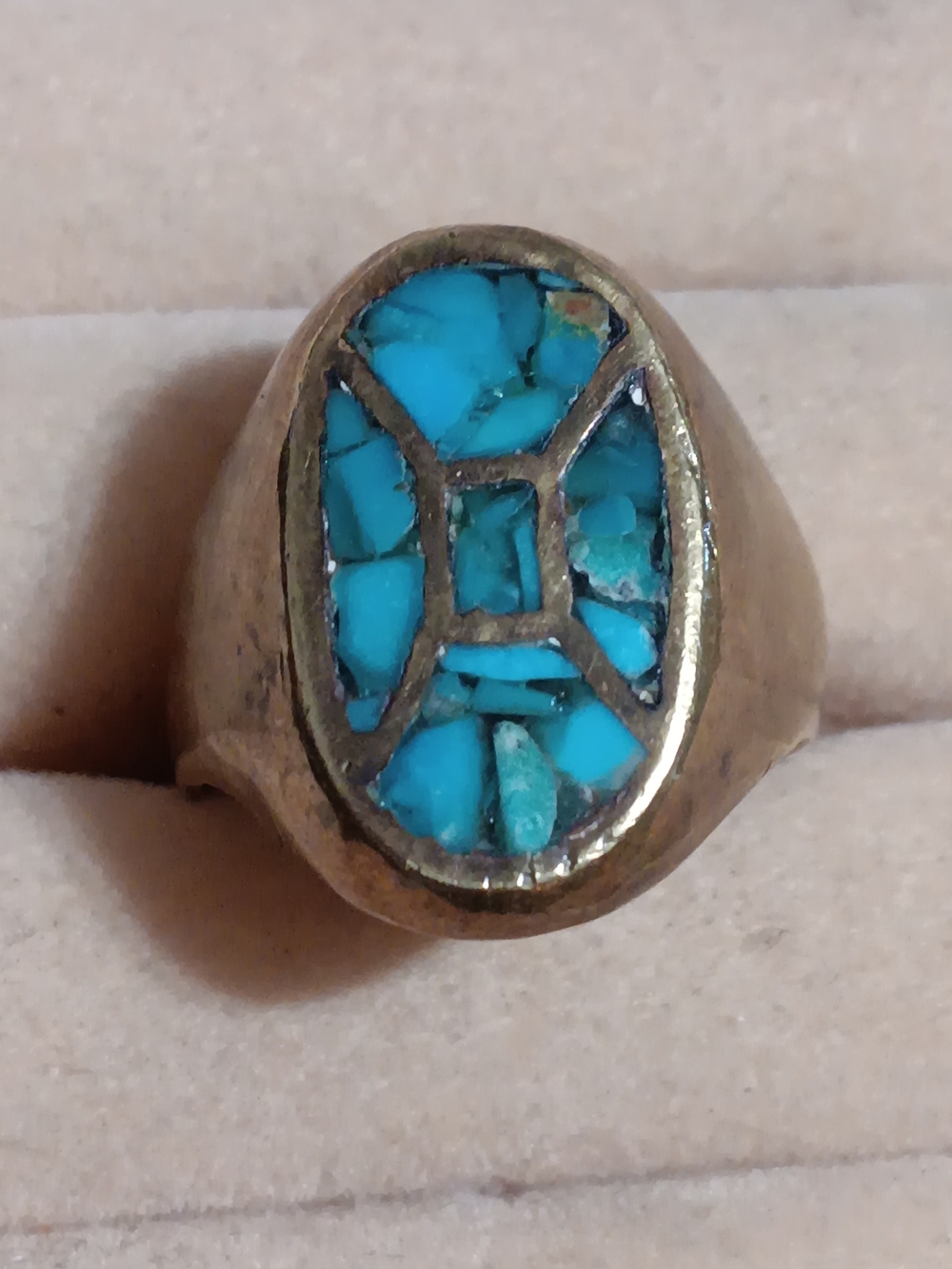 Antique Copper And Turqoise Inlay Navajo Native American Unsigned Ring Size 6